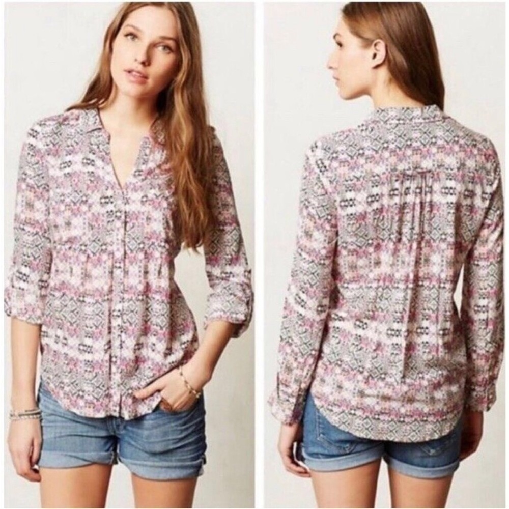 ANTHROPOLOGIE MAEVE Boho Casual Artsy Islet Button Front Blouse Size M
